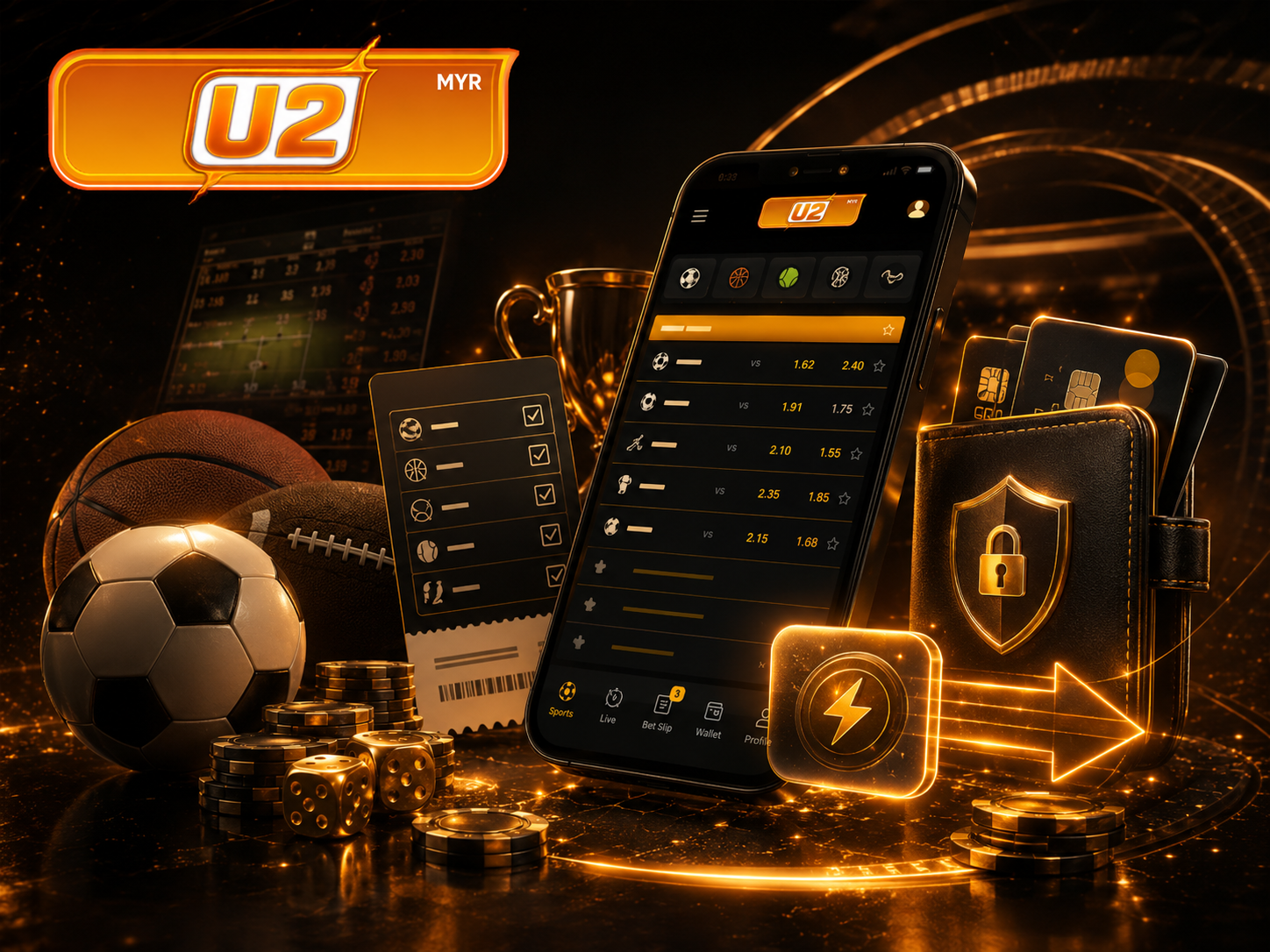U2 Sportsbook Malaysia mobile betting interface with sports icons and secure banking