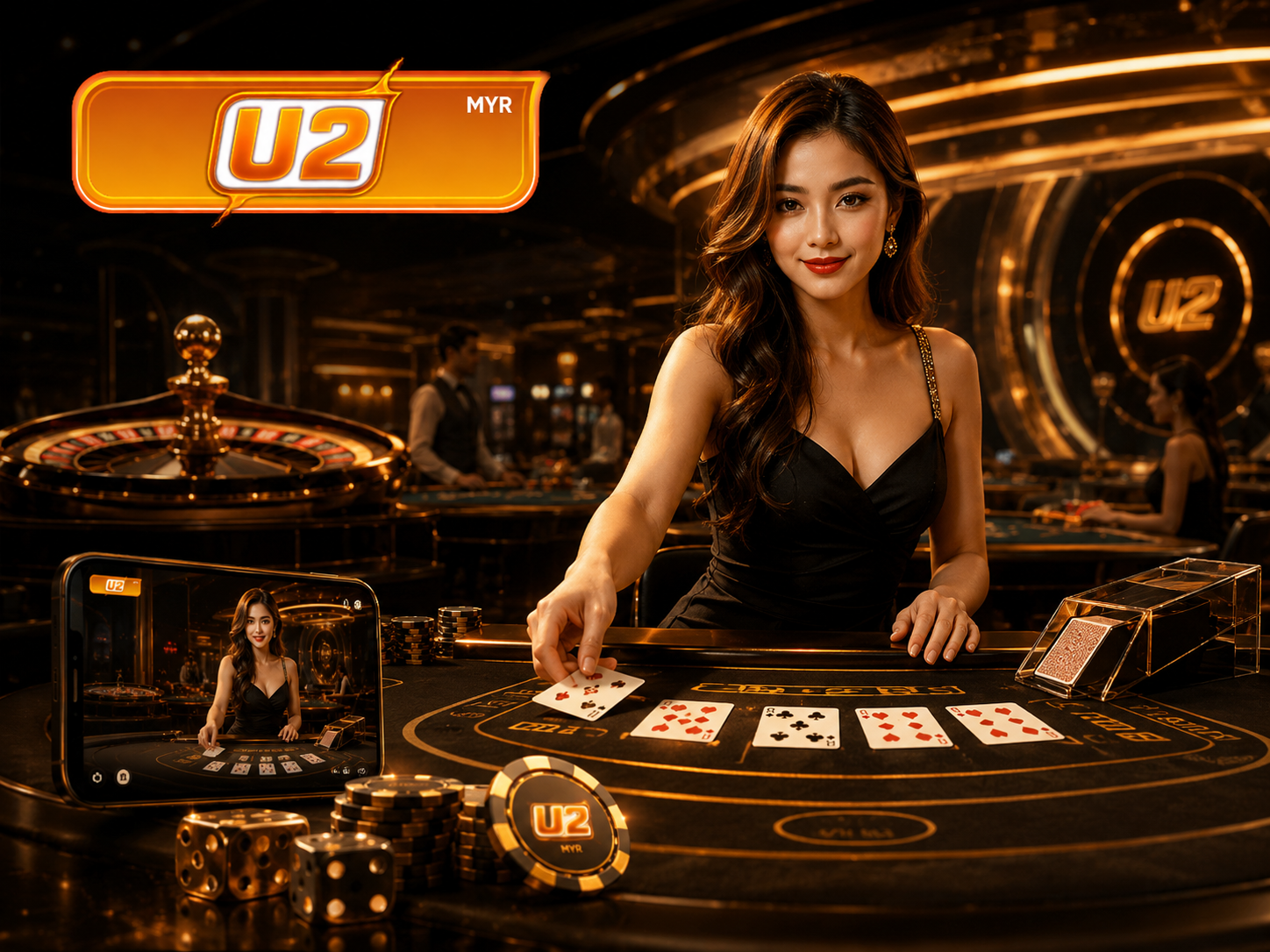 U2 Live Casino branded baccarat and roulette table with live dealer stream